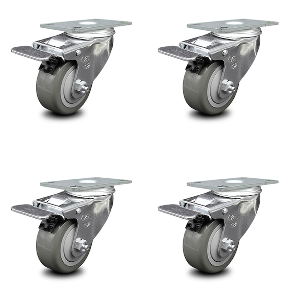 3.5 Inch Gray Polyurethane Swivel Top Plate Caster Set with Total Lock Brake